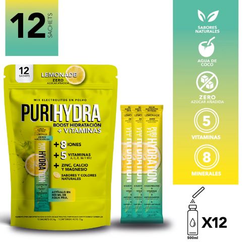 Mix de Electrolitos en Polvo Zero Azucar Sabor Limonada 12x6gr 72gr Marca PuriFit