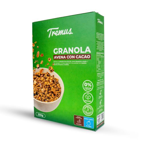 Granola de Avena con Cacao Vegana, sin Azúcar Añadida, 250 g, Tremus