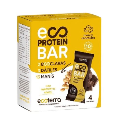 Caja de 4 Unidades de Barra Protein Bar Sabor Maní y Chocolate 168 gr Marca Ecoterra