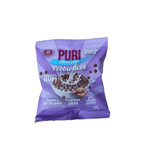 Cereal Choco Pops Vegano Sin Gluten 400 Billones De Probióticos Sabor Cacao 20 gr Marca Puri