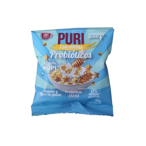 Cereal Estrellitas Vegano Sin Gluten 400 Billones De Probióticos Sabor Miel 20 gr Marca Puri