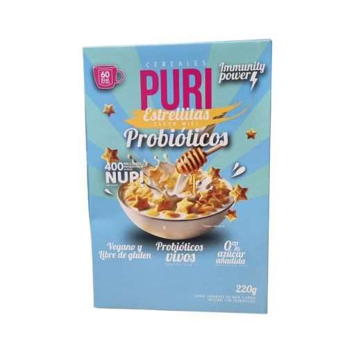 Cereal Estrellitas Vegano Sin Gluten 400 Billones De Probióticos Sabor Miel 220 gr Marca Puri