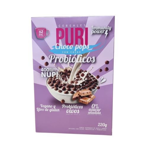 Cereal Choco Pops Vegano Sin Gluten 400 Billones De Probióticos Sabor Cacao 220 gr Marca Puri