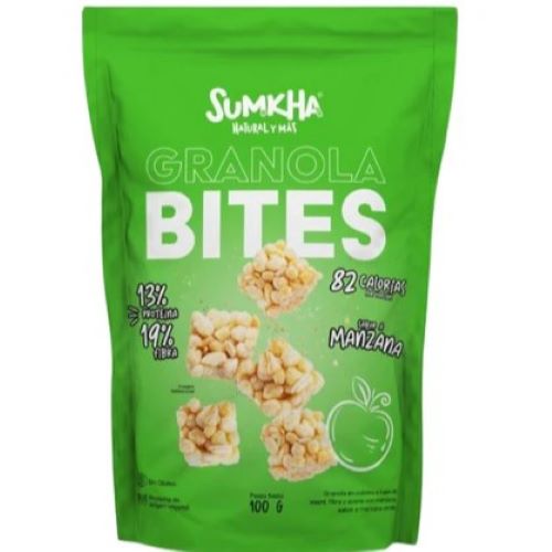 Granola Bites 13 gr de Proteína Sabor Manzana Verde 100 gr Libre de Gluten Marca Sumkha