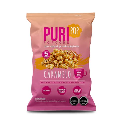 Pop Corn Libre de Gluten y Vegano con Caramelo Tamaño Familiar 200 gr Marca Puri