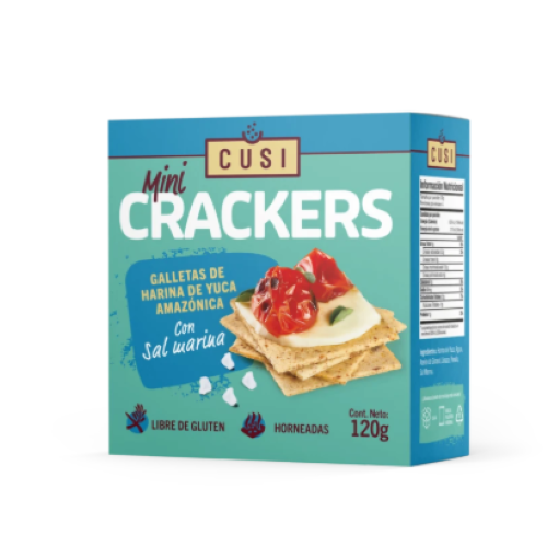 Mini Crackers con Harina de Yuca Sabor Sal Marina Sin gluten 120 gr Marca Cusi
