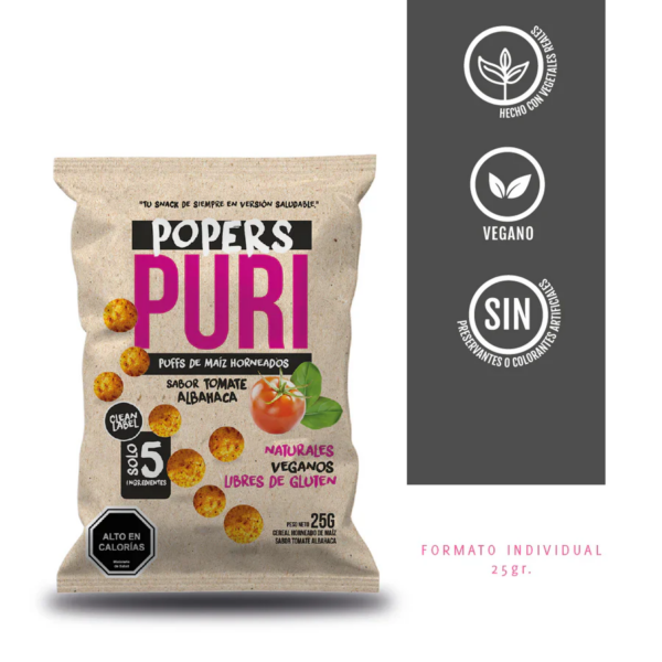 Puffs de Maiz Horneado Sabor Tomate Albahaca Vegano Libre de Gluten 25 gr Marca Puri