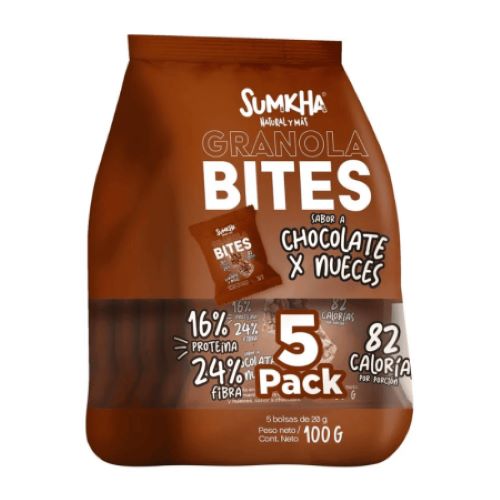 Pack Granola Bites 14 gr de Proteína Sabor Chocolate y Nueces 5 x 20 gr Libre de Gluten Marca Sumkha