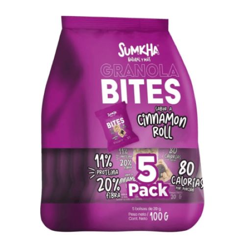 Pack Granola Bites 14 gr de Proteína Sabor Cinnamon Roll 5 x 20 gr Libre de Gluten Marca Sumkha