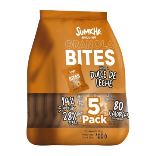 Pack Granola Bites 14 gr de Proteína Sabor Dulce de Leche 5 x 20 gr Libre de Gluten Marca Sumkha