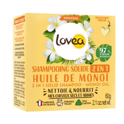 Shampoo Sólido 2 en 1 Monoi & Karité Cabello Seco 60Gr Marca Lovea