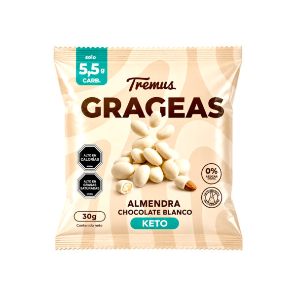 Grageas Almendra Chocolate Blanco, Sin Azúcar Añadido, Keto, 40 g, Tremus