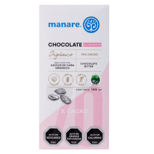 Barra de Chocolate Almendra 70% Cacao Orgánico Libre de Gluten Libre de Leche 100 grs Marca Manare